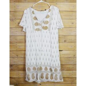 Lapogee Dress XL White Copper Paisley Short Sleeve Tassle V-Neck Boho